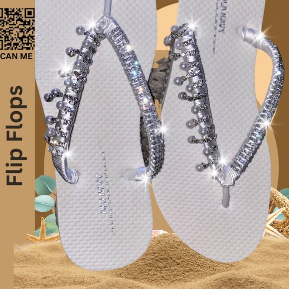 Flip Flops, Bridal Shoes, Beach Wedding Flip Flops, Rhinestones/Crystals, SZ6 - Picture 10 of 16